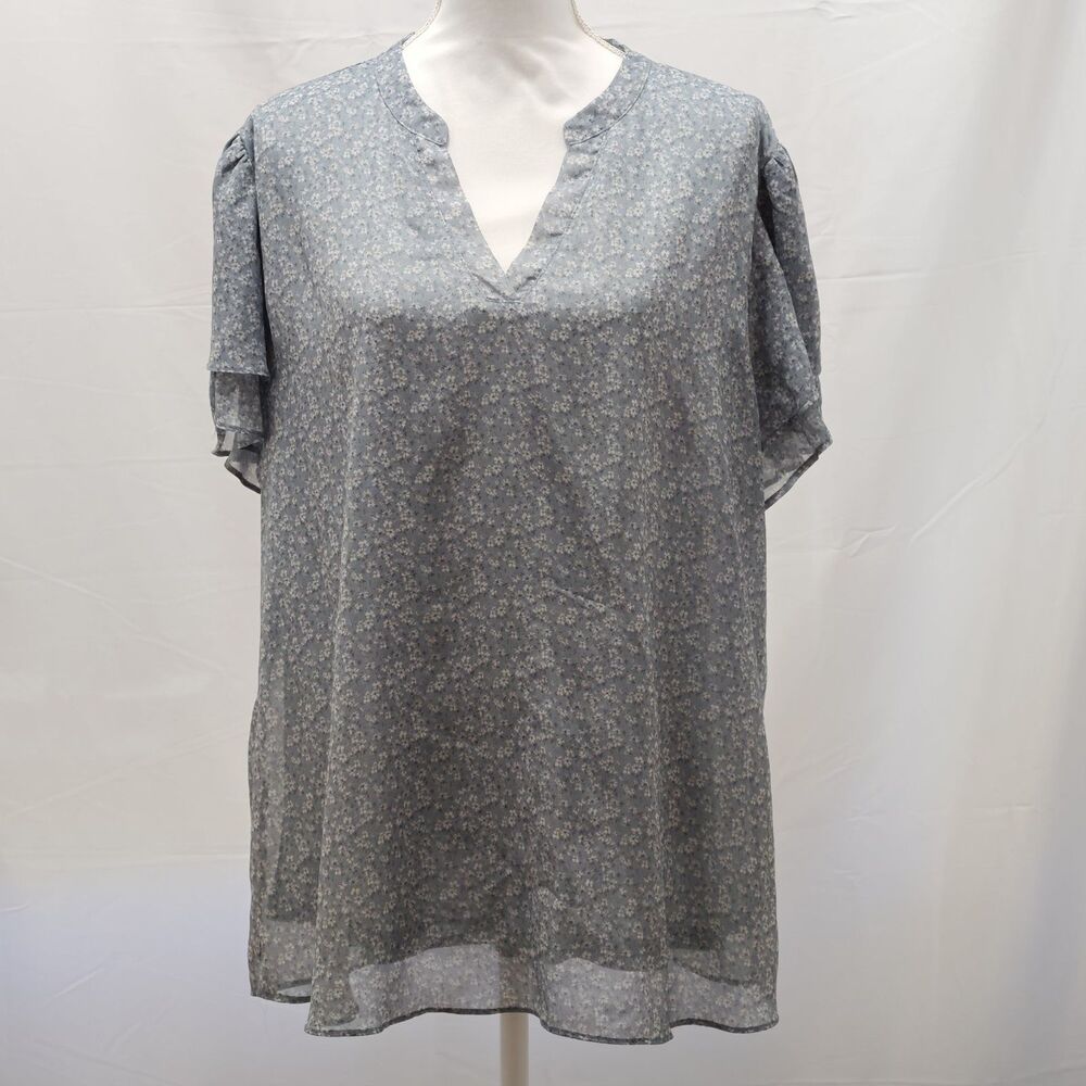 Lotusmile Blouse Womens XXL Blue Floral Layered Flutter Sleeve Romantic V Neck